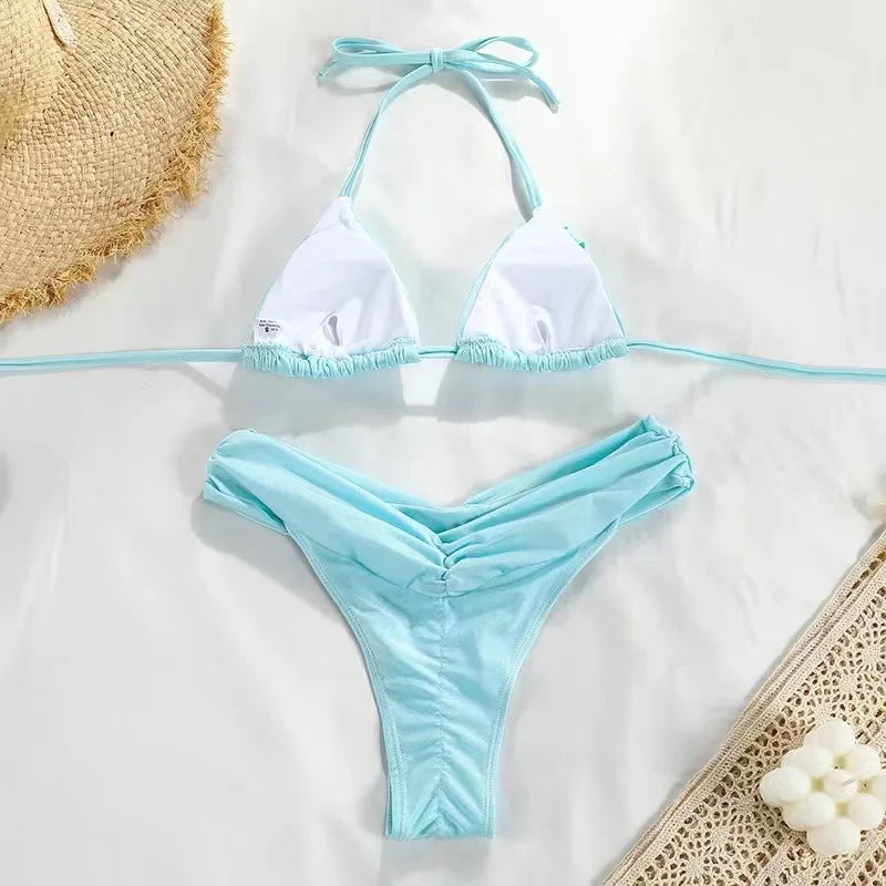 Sexy Micro Bikinis 2025 Women Halter Brazilian Bikini Set Female Pleated Swimsuit New Triangle Swimwear Beach Wear Bathing Suit