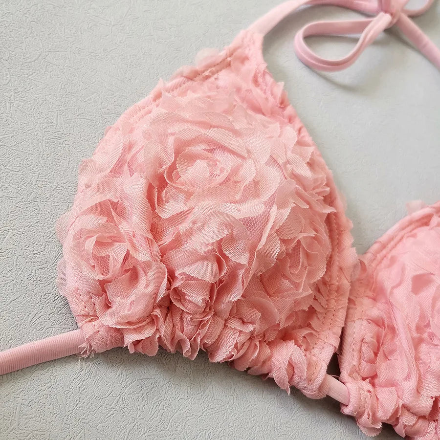 Women's Sexy 3 Piece Bikini Set 3D Flower Beach Skirt Swimsuit Pure Pink Triangle Halter Backless Thong Swimwear 2025 Summer New