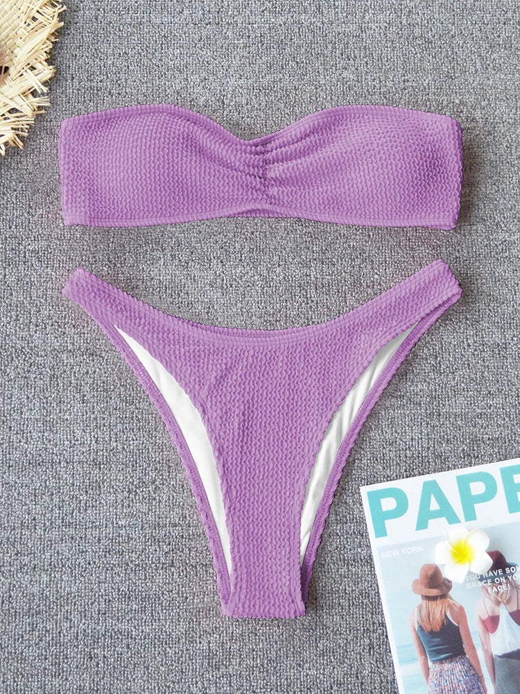 Sexy Textured Bikini 2025 Bandeau Swimsuit Women Swimwear Push Up Bikini Set Solid Bathing Suit Beach Wear Biquini Female