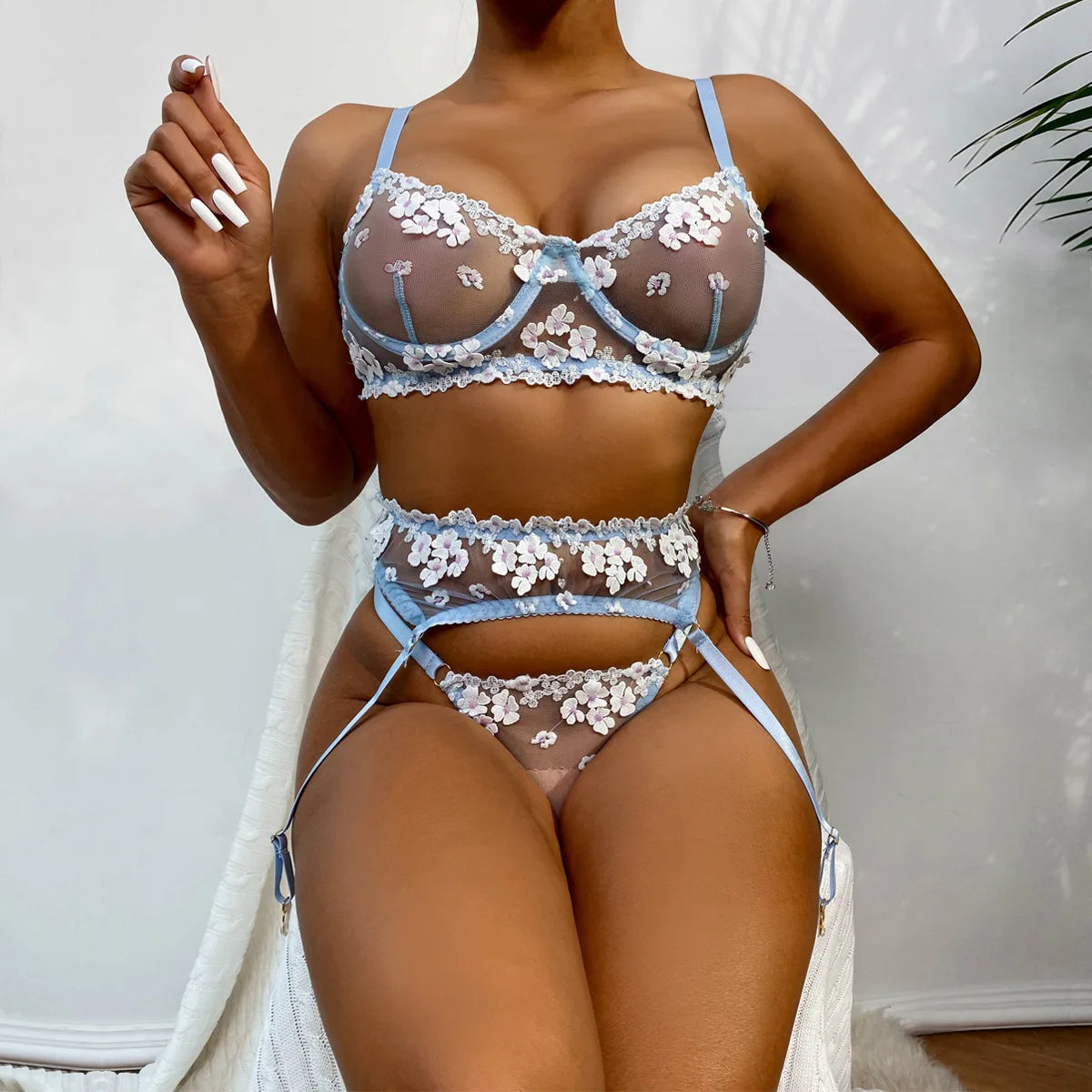 Floral Lace Transparent Bra & Thong Lingerie Set (3pcs)