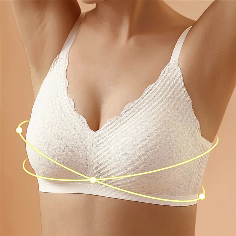 Seamless Lace Wireless Bra – V-Neck Push-Up Bra with Detachable Cups