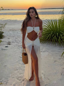 Halter Neck 3 Piece Bikini Set with Sheer Split Maxi Skirt Sexy White Summer Beach Dress Vacations Outfits Pool Party Wear K236