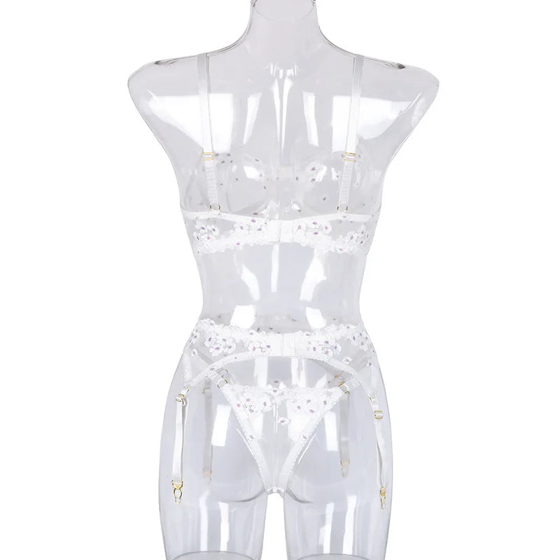 Floral Lace Transparent Bra & Thong Lingerie Set (3pcs)