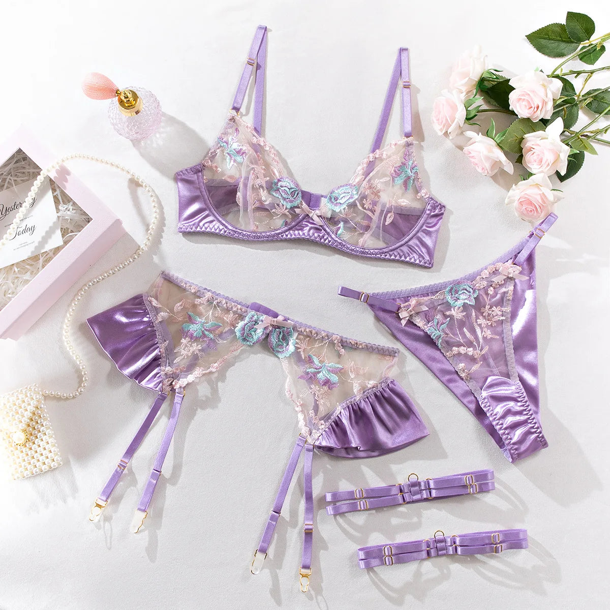Ruffle Embroidery Push-Up Lingerie Set (4pcs)