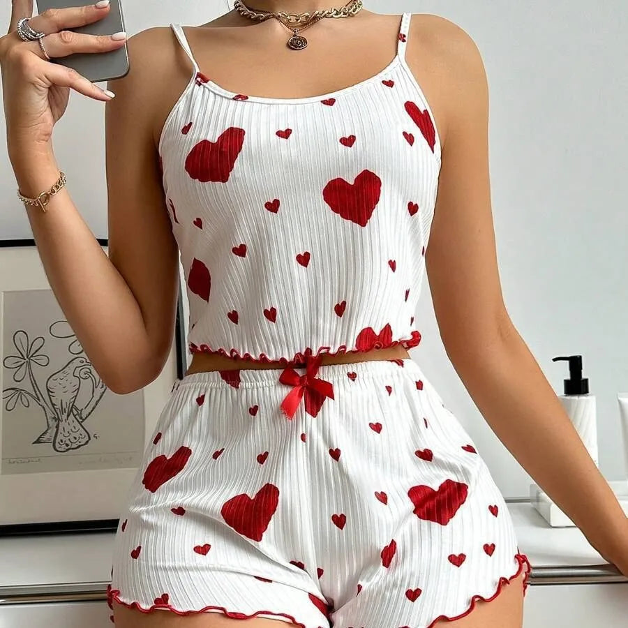 Heart Print Satin Pajama Set – Soft, Sexy Sleepwear for Women