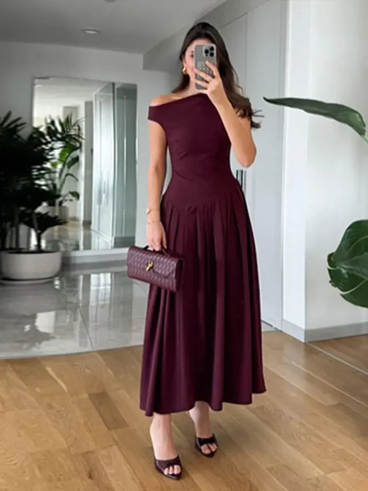 Women Elegant Wine Red Irregular Neck Slim Dress Fashion Sleeveless High Waist Pleated Hem Dresses  Chic Lady Party Robes