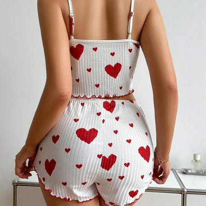 Heart Print Satin Pajama Set – Soft, Sexy Sleepwear for Women