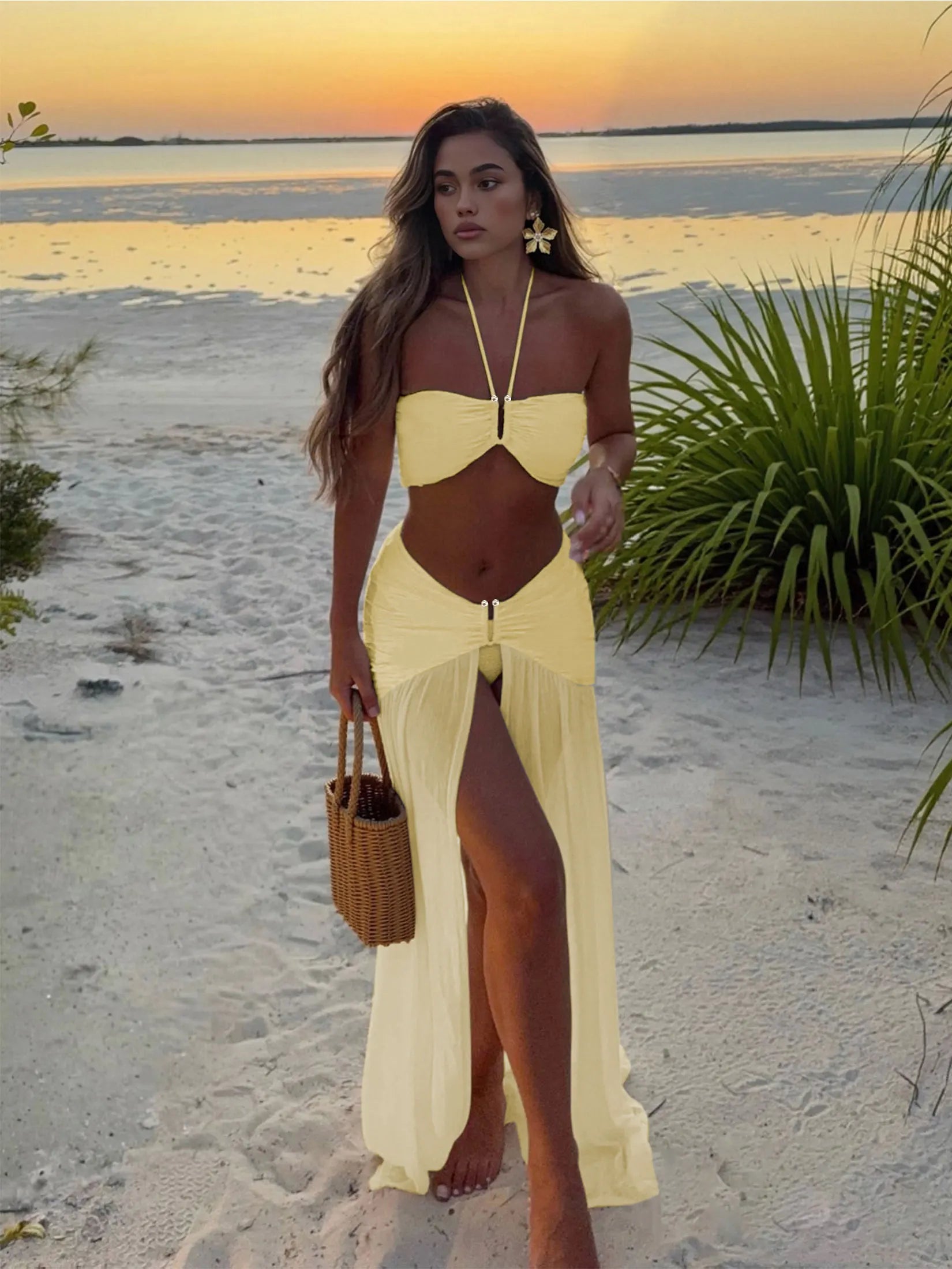 Halter Neck 3 Piece Bikini Set with Sheer Split Maxi Skirt Sexy White Summer Beach Dress Vacations Outfits Pool Party Wear K236