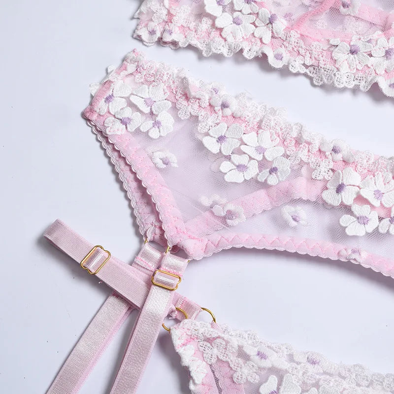Floral Lace Transparent Bra & Thong Lingerie Set (3pcs)