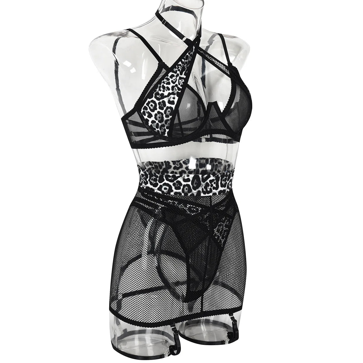 Leopard Patchwork Mesh Lingerie Set (3pcs)