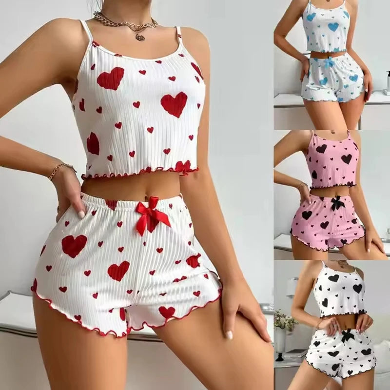 Heart Print Satin Pajama Set – Soft, Sexy Sleepwear for Women