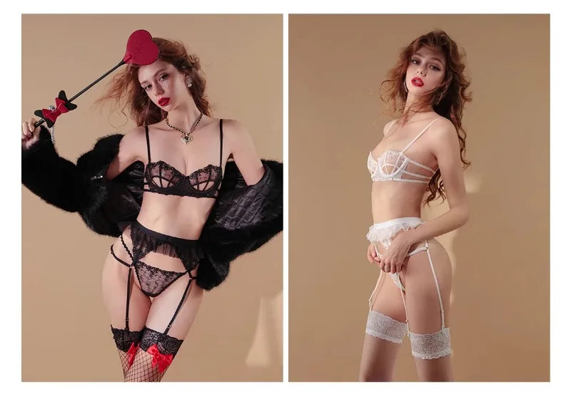 Black White Lace Bra & Panty Set with Garter Belt