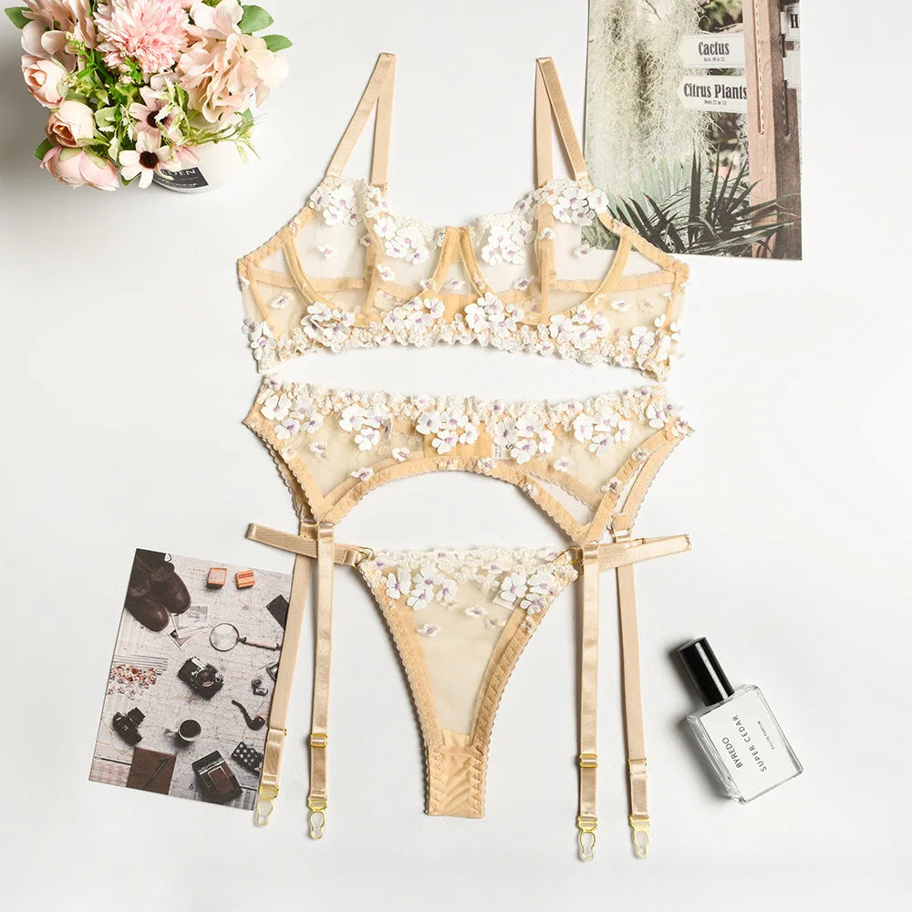 Floral Lace Transparent Bra & Thong Lingerie Set (3pcs)