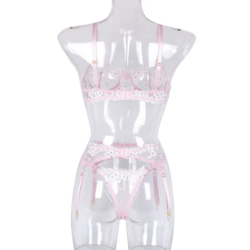 Floral Lace Transparent Bra & Thong Lingerie Set (3pcs)