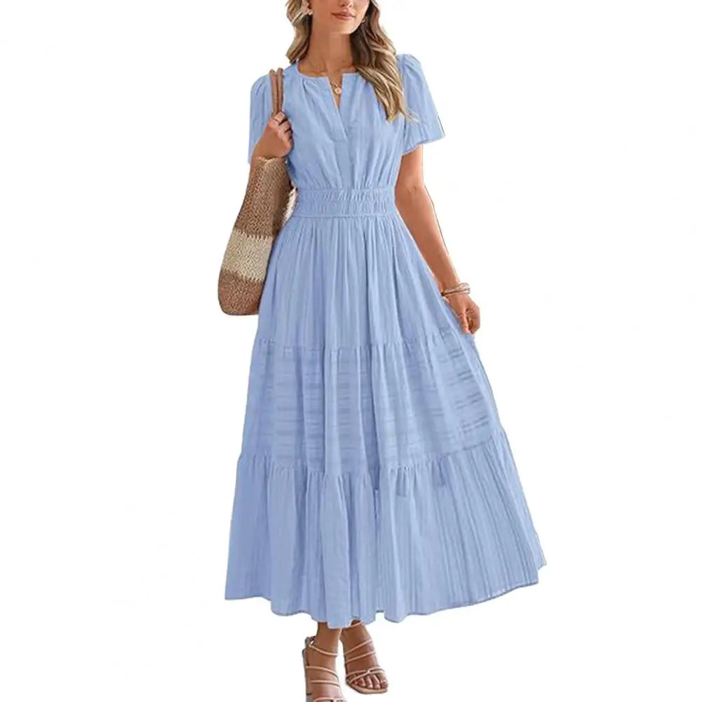 Celebration Party Outfit Elegant V-neck Maxi Dress with Smocked Waist Tiered Flowy Design for Women Summer Pleated Long Dress