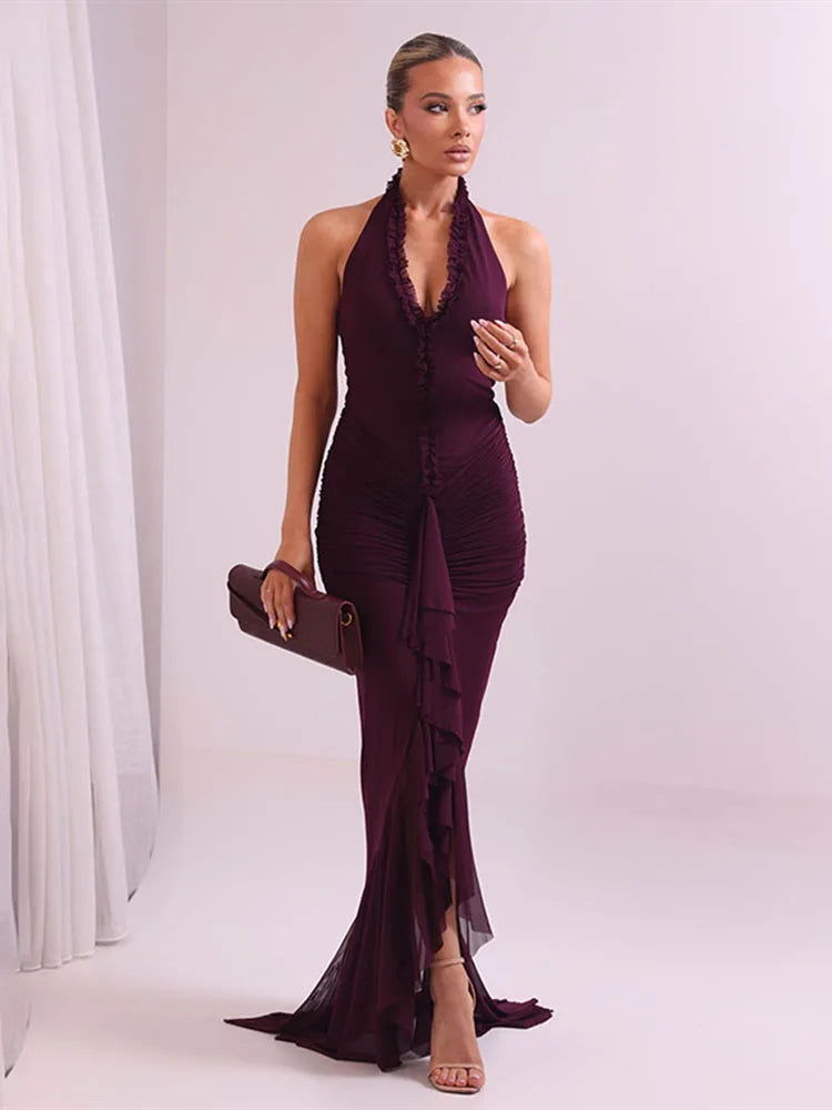 Mesh Pleated Evening Split Maxi Dress Ruffled Sexy Halter Deep V Neck Backless Slim Bodycon Long Dress Elegant Partywear