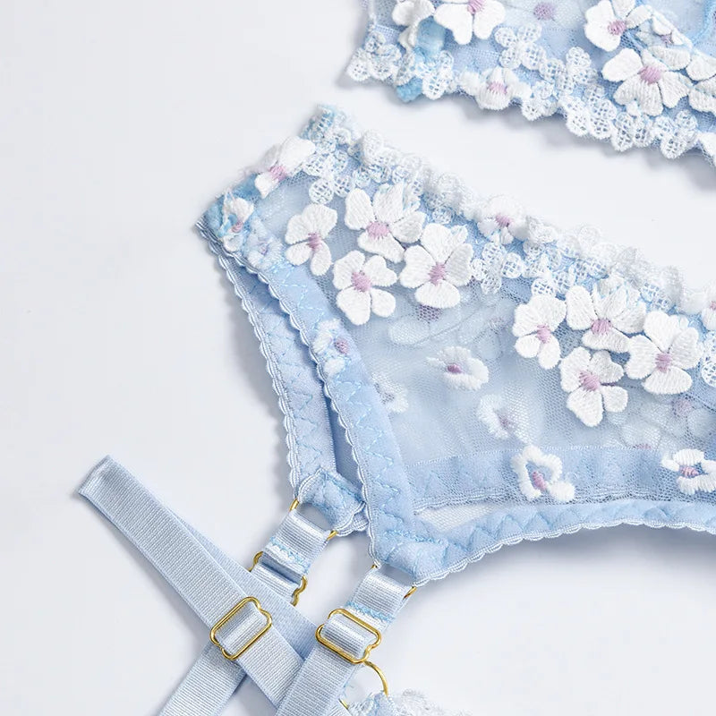 Floral Lace Transparent Bra & Thong Lingerie Set (3pcs)