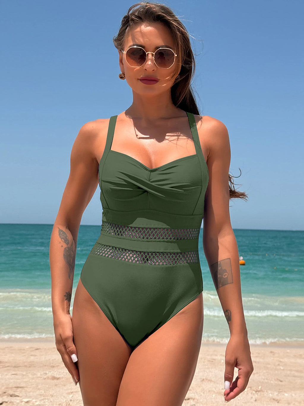 Women’s Mesh Patchwork Cross Backless One-Piece Swimsuit