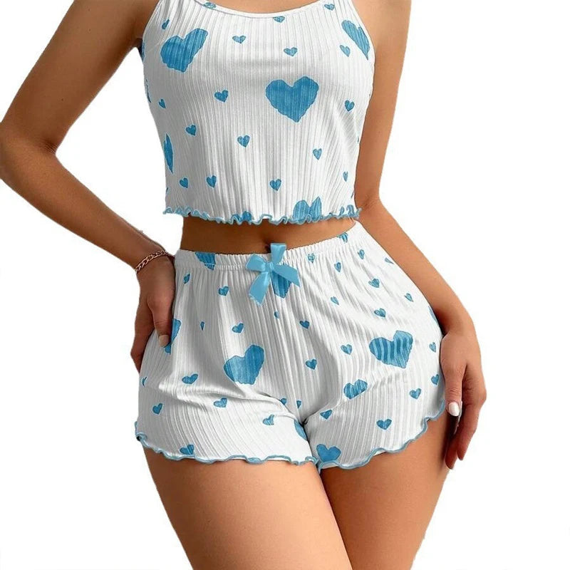 Heart Print Satin Pajama Set – Soft, Sexy Sleepwear for Women
