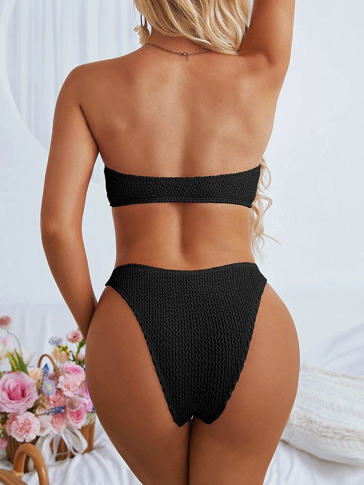 Sexy Textured Bikini 2025 Bandeau Swimsuit Women Swimwear Push Up Bikini Set Solid Bathing Suit Beach Wear Biquini Female
