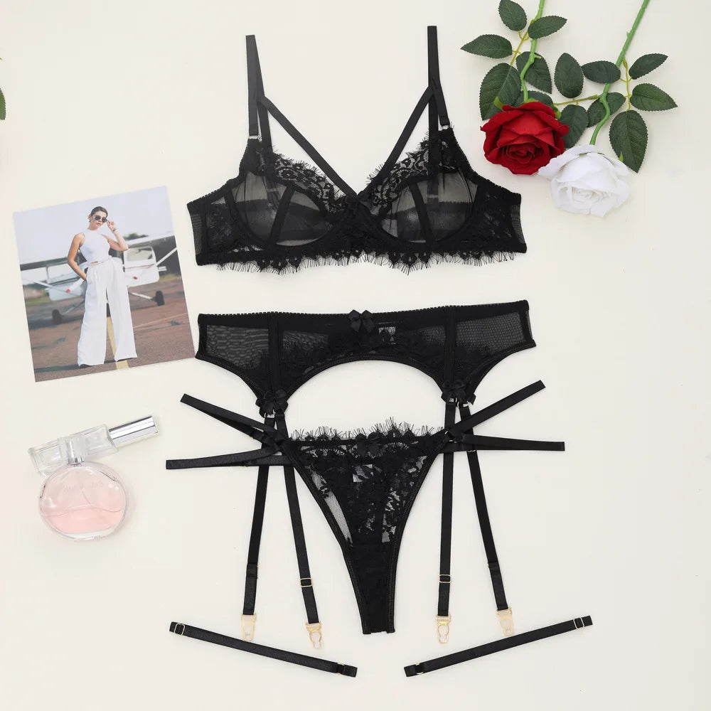 Transparent Lace Bra & Thong with Garter Belt