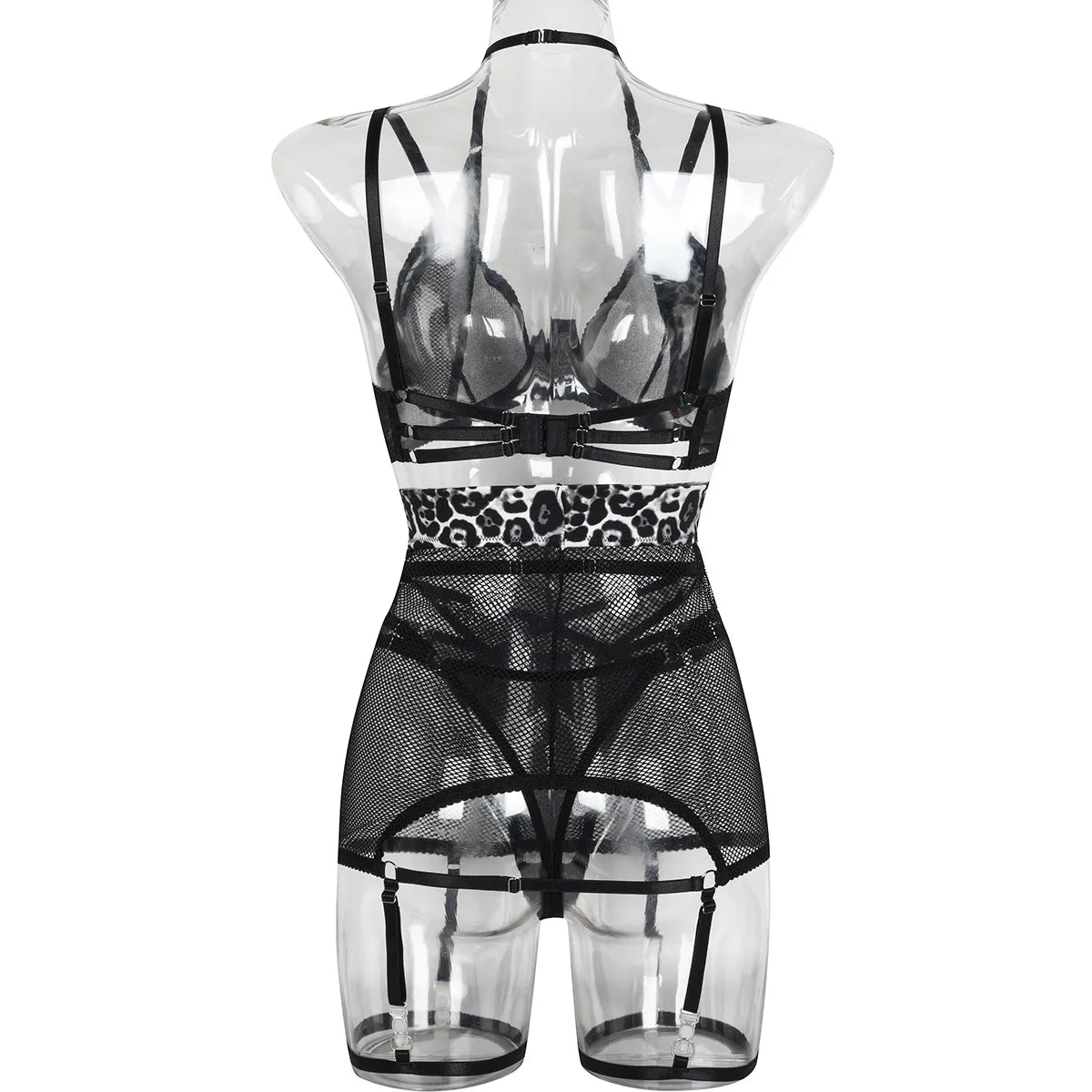 Leopard Patchwork Mesh Lingerie Set (3pcs)