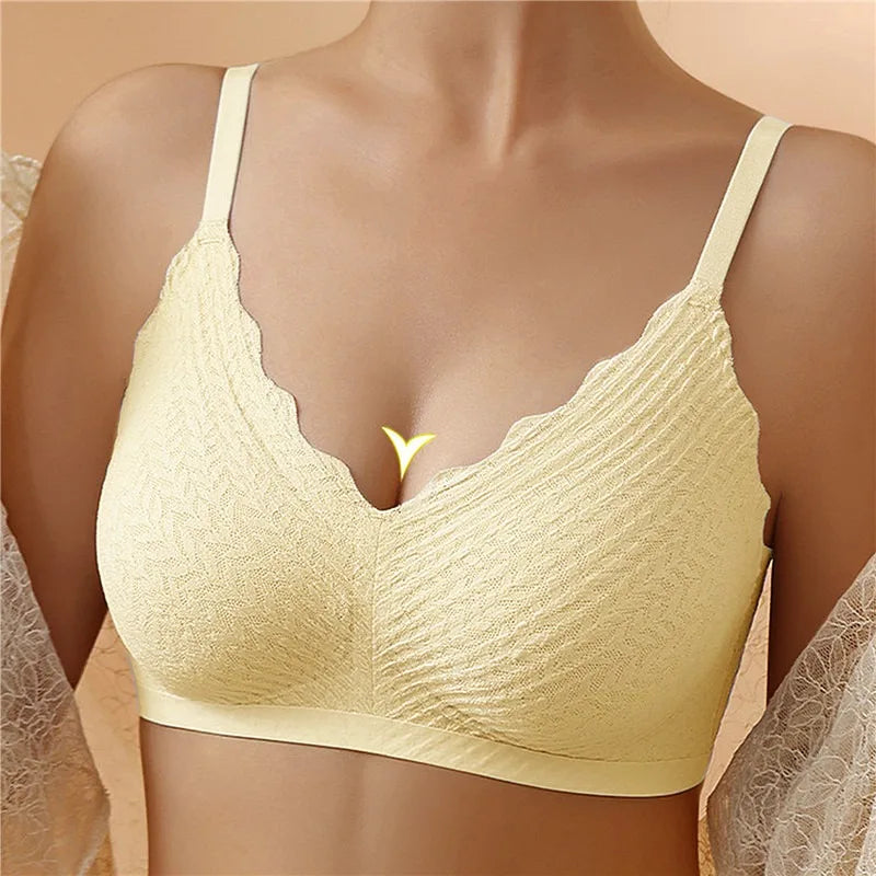 Seamless Lace Wireless Bra – V-Neck Push-Up Bra with Detachable Cups