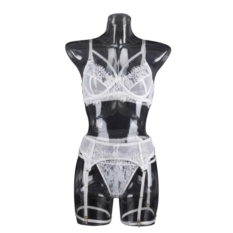 Transparent Lace Bra & Thong with Garter Belt