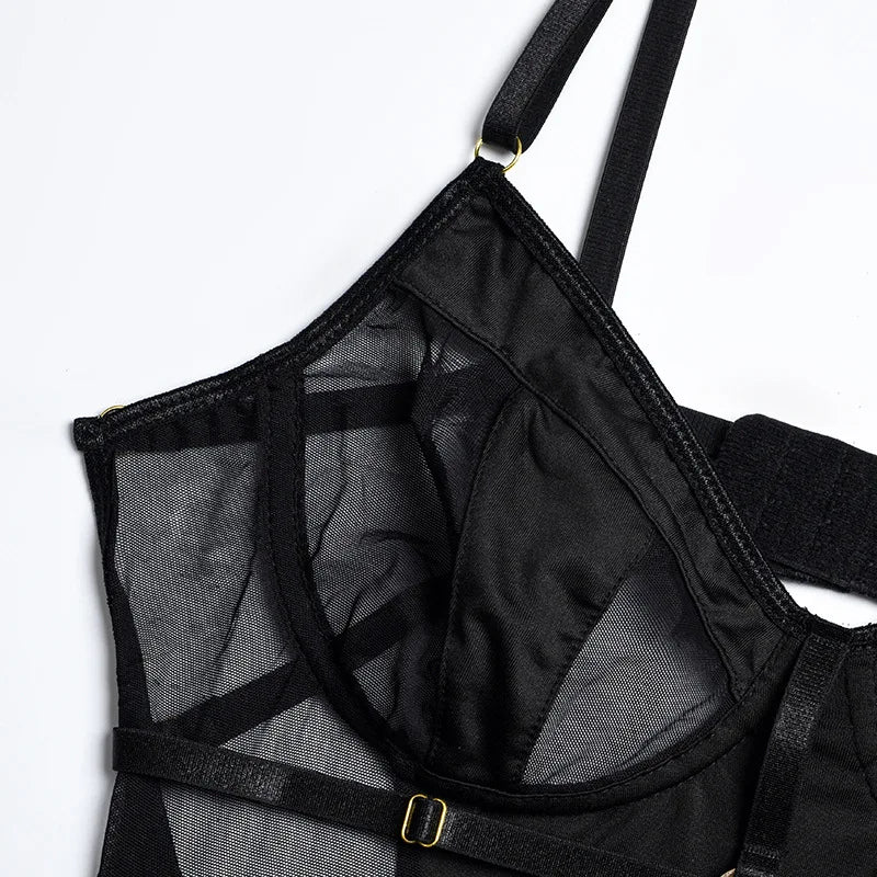 Backless Mesh Patchwork Bodysuit (Crotchless)