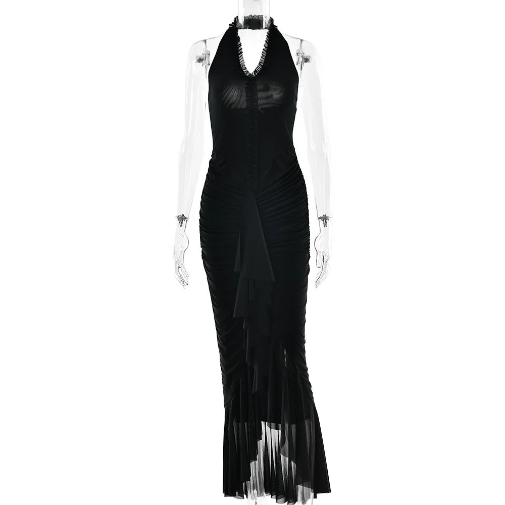 Mesh Pleated Evening Split Maxi Dress Ruffled Sexy Halter Deep V Neck Backless Slim Bodycon Long Dress Elegant Partywear