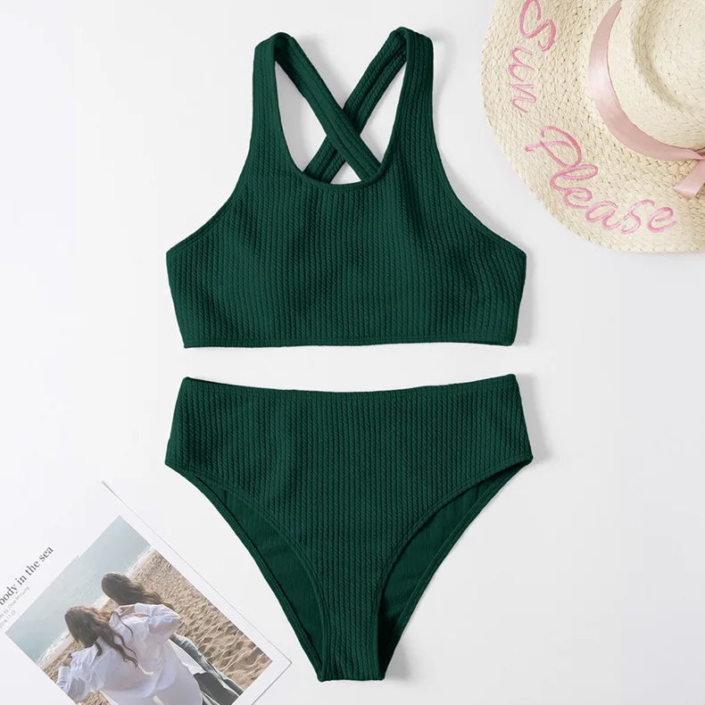 Sexy Bikini High Waist Women Swimsuit 2024 New Solid Ribbed Swimwear Push Up Bikinis Set Summer Beachwear Bathing Suit Female