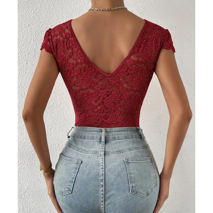 Women’s Floral Embroidery Lace Teddy – V-Neck Backless Bodysuit