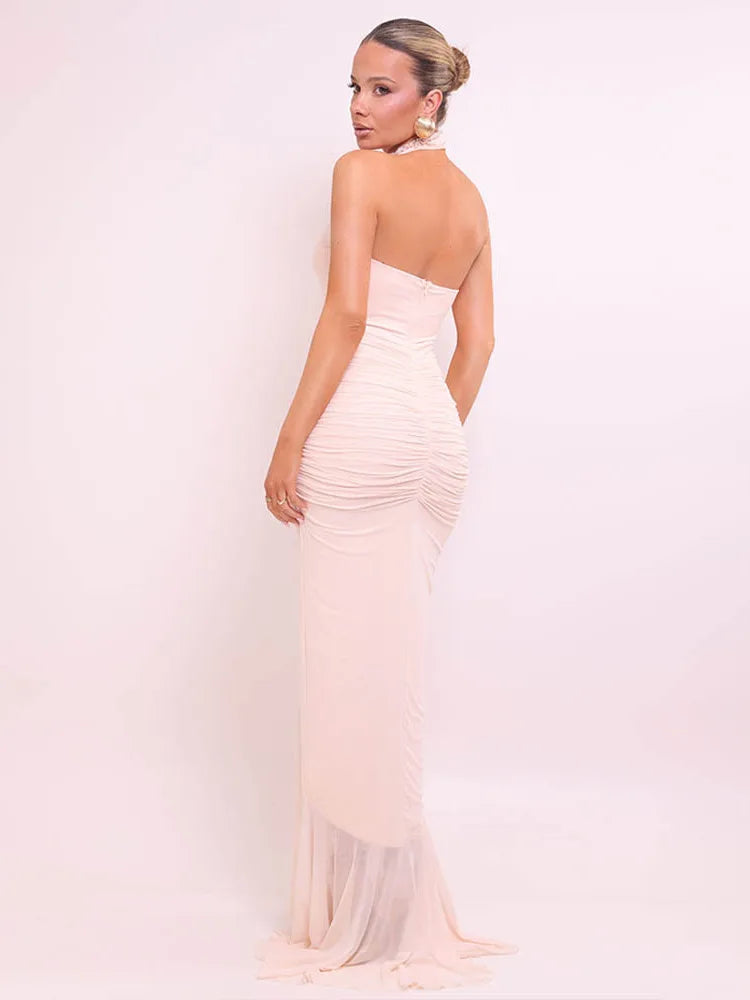 Mesh Pleated Evening Split Maxi Dress Ruffled Sexy Halter Deep V Neck Backless Slim Bodycon Long Dress Elegant Partywear