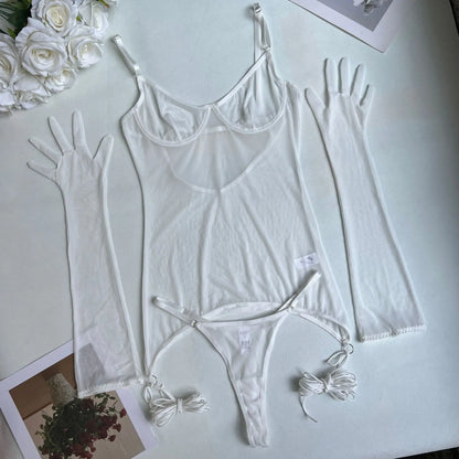 4-Piece Sheer Mesh Lingerie Set – Backless Sexy Nightwear
