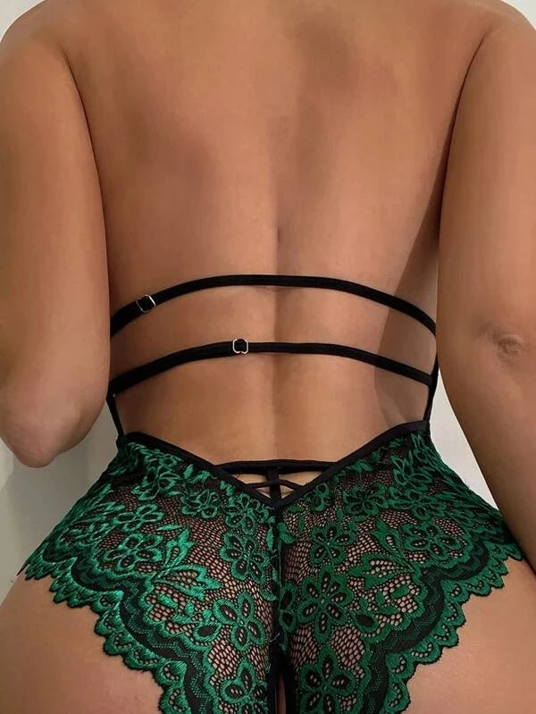 Sheer Lace Catsuit – Backless V-Neck with Stockings