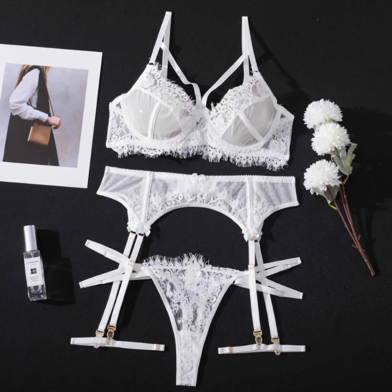 Transparent Lace Bra & Thong with Garter Belt