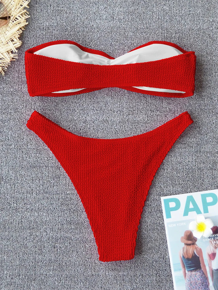 Sexy Textured Bikini 2025 Bandeau Swimsuit Women Swimwear Push Up Bikini Set Solid Bathing Suit Beach Wear Biquini Female