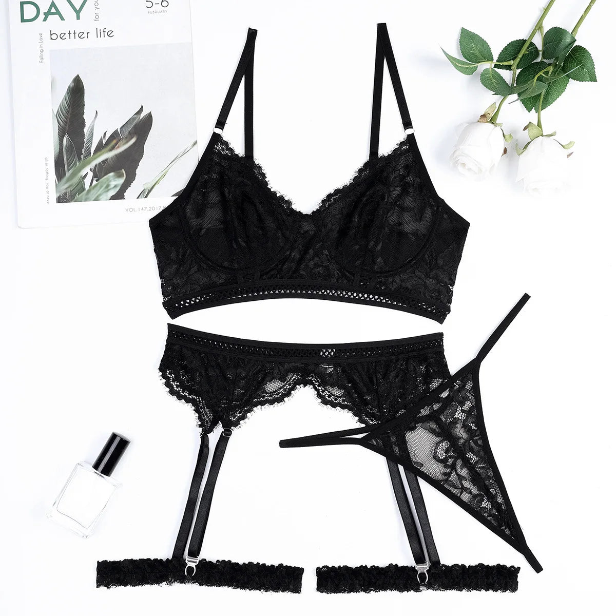 Classic Black Lace Hollow-Out Lingerie Set