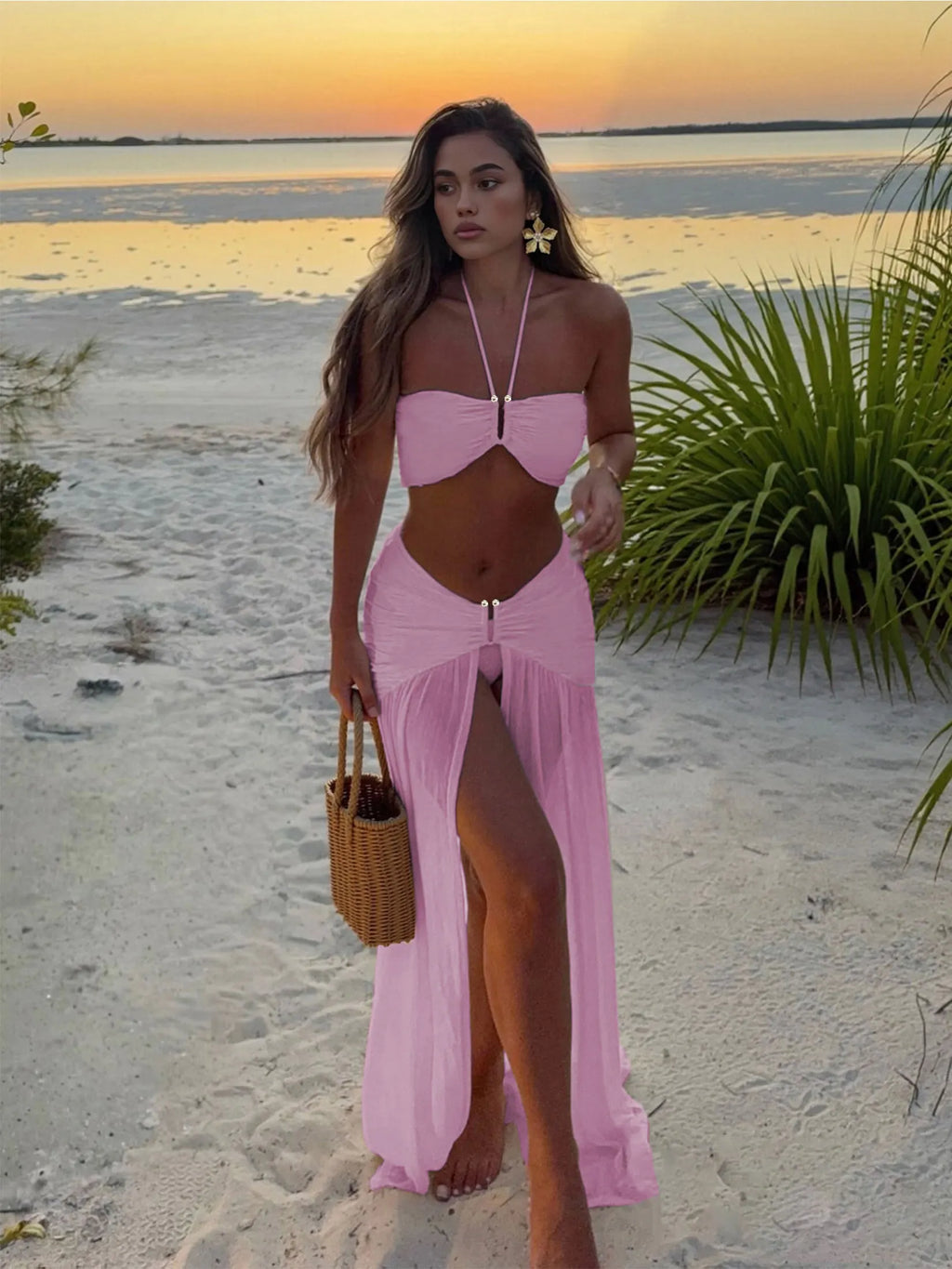 Halter Neck 3 Piece Bikini Set with Sheer Split Maxi Skirt Sexy White Summer Beach Dress Vacations Outfits Pool Party Wear K236