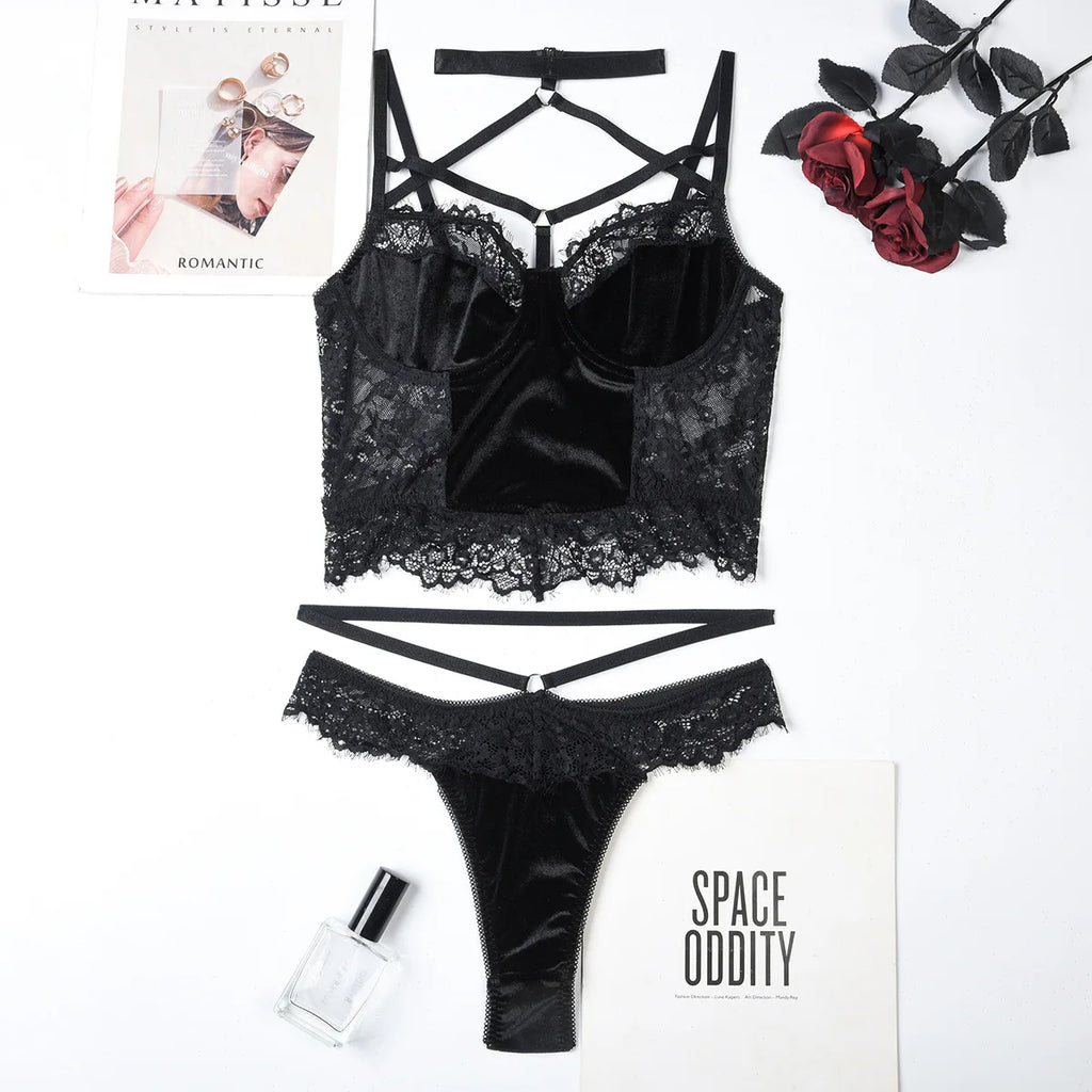 Sheer Lace Bandage Lingerie Set – 2 Piece