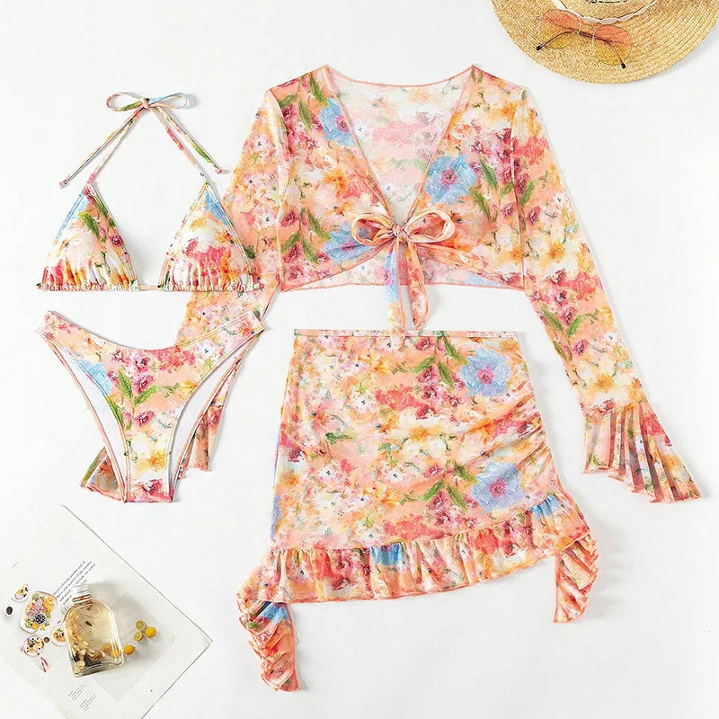 Women’s 4-Piece Bikini Set – High Waist with Skirt & Crop Top