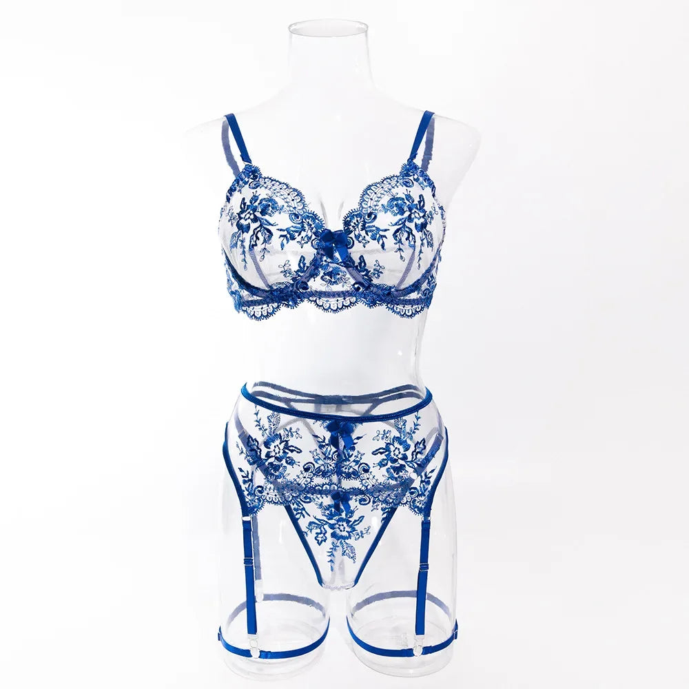 Floral Embroidery Mesh Lingerie Set – 2 Piece