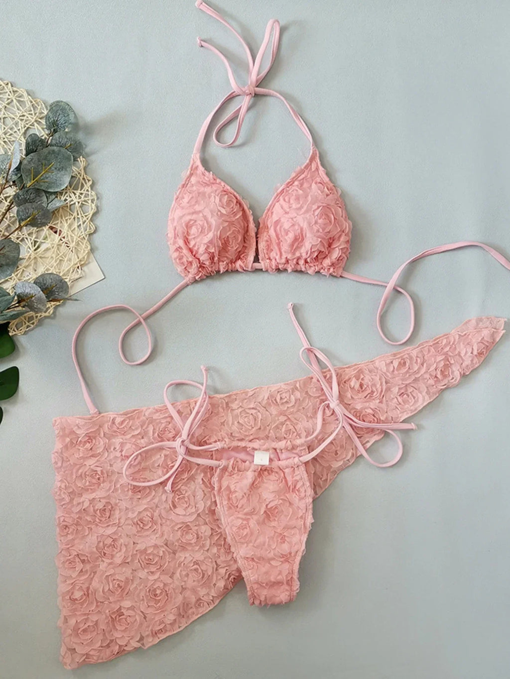 Women's Sexy 3 Piece Bikini Set 3D Flower Beach Skirt Swimsuit Pure Pink Triangle Halter Backless Thong Swimwear 2025 Summer New