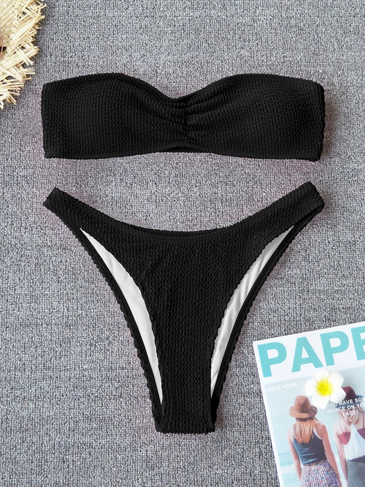 Sexy Textured Bikini 2025 Bandeau Swimsuit Women Swimwear Push Up Bikini Set Solid Bathing Suit Beach Wear Biquini Female