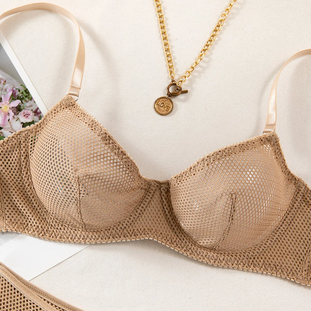 Sheer Mesh Embroidery Bra & Thong Set (2pcs)