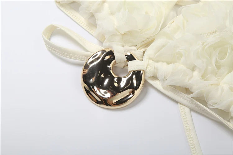 Sisterlinda 3d Flower Applique 3Piece Set Women Halter Metal Buckle Camisole+Briefs+See Through Long Skirts Ruched Elegant Suits