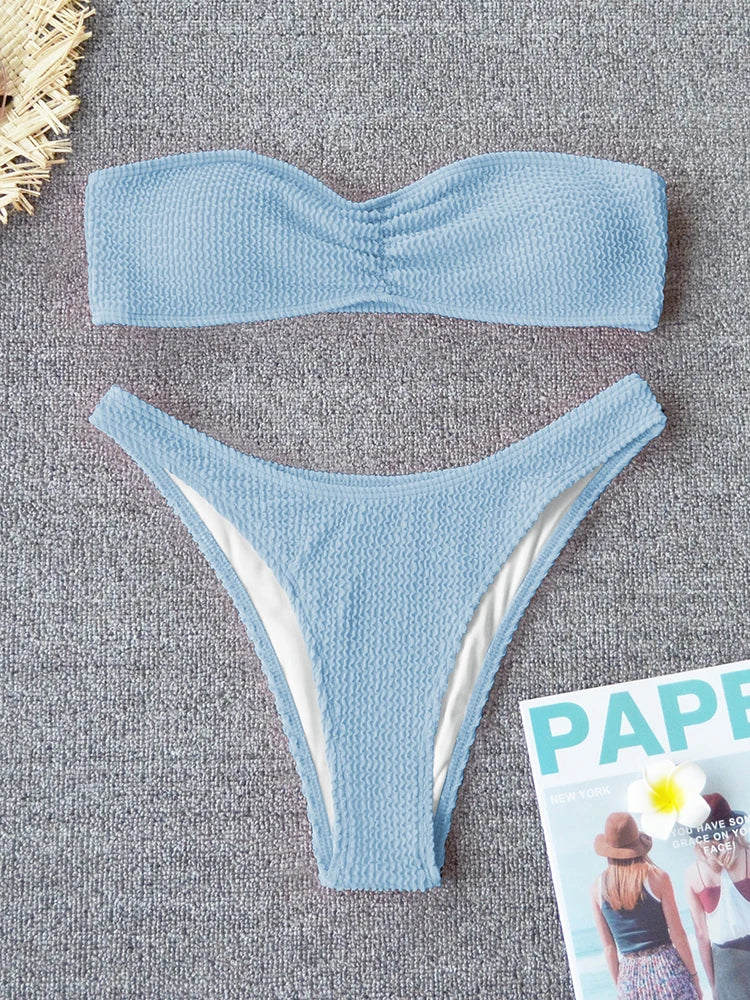 Sexy Textured Bikini 2025 Bandeau Swimsuit Women Swimwear Push Up Bikini Set Solid Bathing Suit Beach Wear Biquini Female