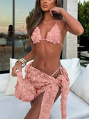 Women's Sexy 3 Piece Bikini Set 3D Flower Beach Skirt Swimsuit Pure Pink Triangle Halter Backless Thong Swimwear 2025 Summer New
