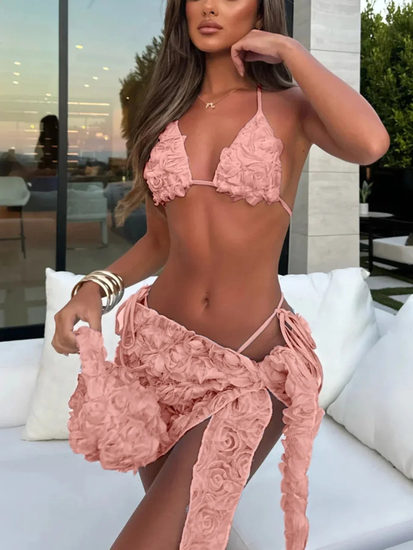 Women's Sexy 3 Piece Bikini Set 3D Flower Beach Skirt Swimsuit Pure Pink Triangle Halter Backless Thong Swimwear 2025 Summer New