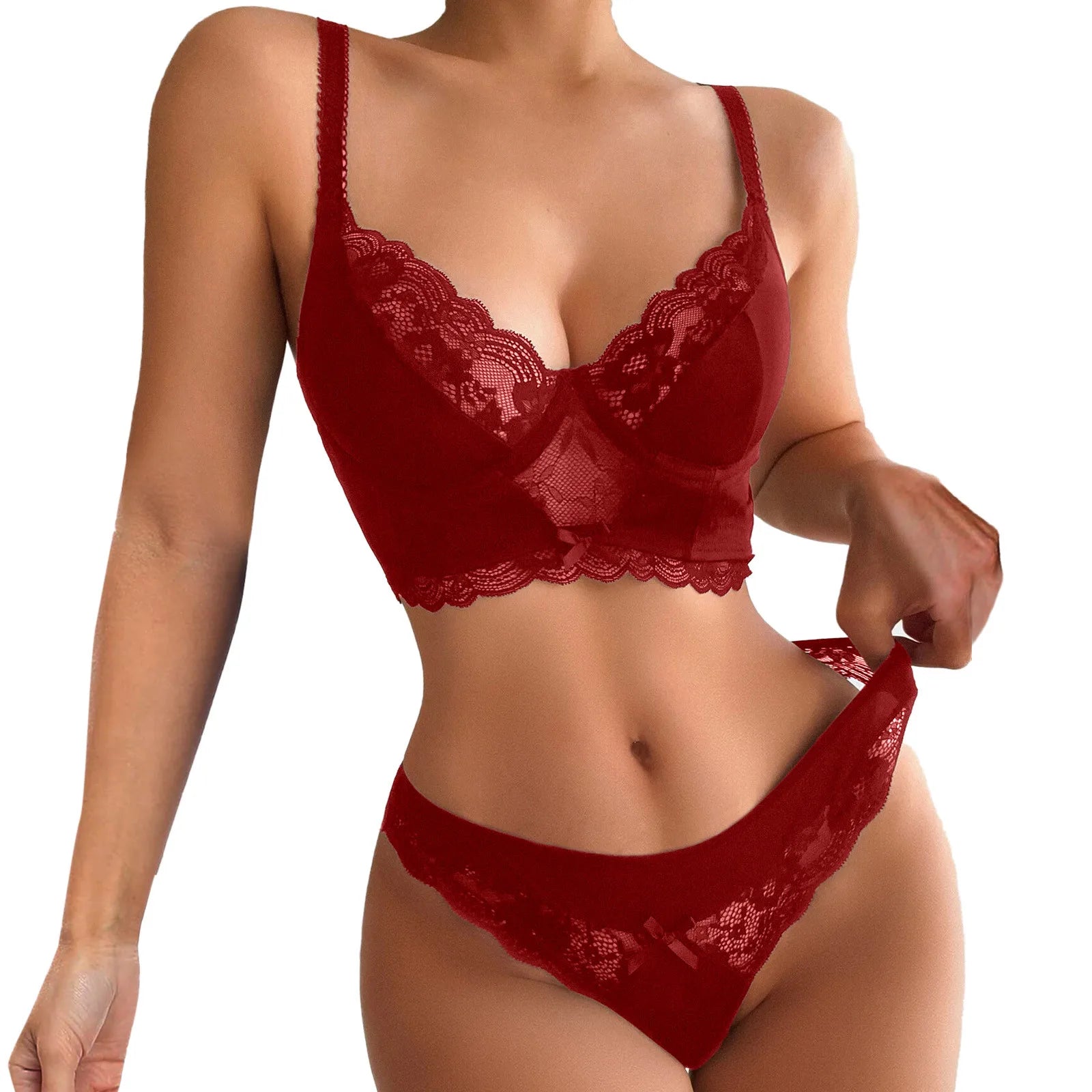 Plus Size Red Floral Lace Push Up Bra Set